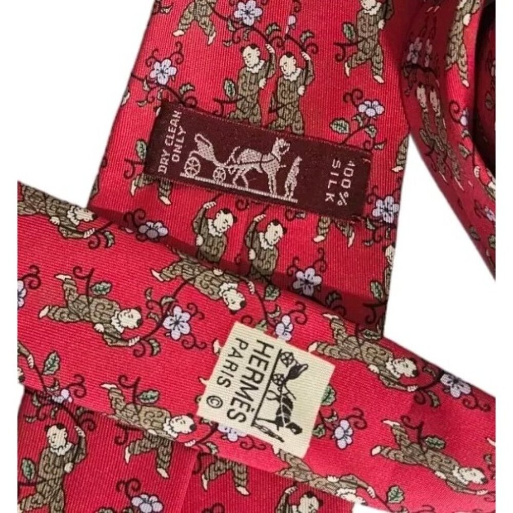 HERMÈS 7238 MA Rare Silk Tie FRANCE Red Asiatic Man Floral W:3.4" EUC - Picture 3 of 4